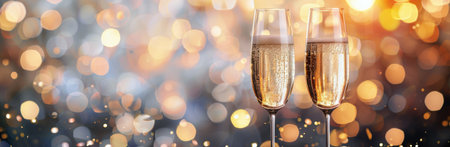 Two elegant champagne flutes, filled with bubbly drink, are poised in celebration, surrounded by shimmering golden confetti in a festive atmosphere.の素材