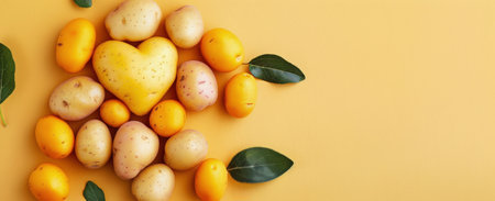 A collection of various yellow potatoes, including a heart-shaped one, rests on a vibrant yellow surface, surrounded by green leaves, creating a cheerful and artistic display.の素材