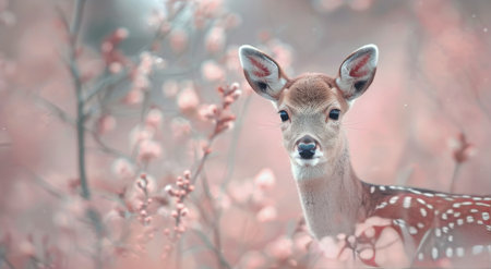 A young fawn with spotted fur gazes curiously while surrounded by delicate pink wildflowers in a tranquil forest setting, bathed in soft, diffused light.の素材