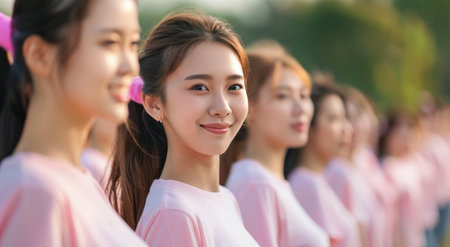 A line of young women dressed in matching pink shirts stands on a sunny day, smiling as they engage in an outdoor activity, showcasing camaraderie and enthusiasm in a vibrant setting.の素材
