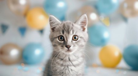 A playful gray kitten sits among vibrant blue and yellow balloons, capturing the joyful atmosphere of a celebration with its curious gaze and fluffy fur.の素材