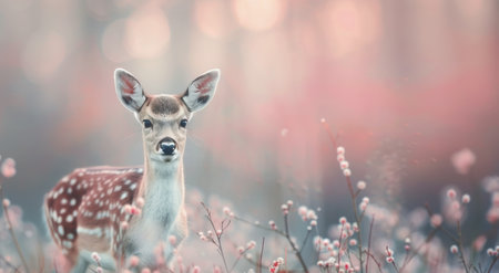 A young fawn with spotted fur gazes curiously while surrounded by delicate pink wildflowers in a tranquil forest setting, bathed in soft, diffused light.の素材
