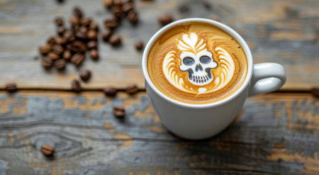 A coffee cup filled with a vibrant latte showcases intricate skull art, resting on a wooden table scattered with roasted coffee beans, creating a stylish and inviting ambiance.の素材
