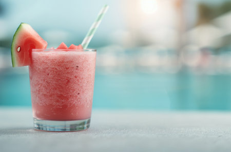A vibrant watermelon smoothie stands tall in a glass with a straw, placed on a table beside a shimmering pool. The bright colors and bokeh effect create a relaxed, summery atmosphere perfect for enjoying a refreshing drink.の素材