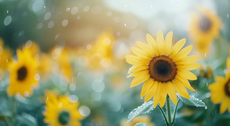 A cluster of vibrant sunflowers stands tall, glistening with dew droplets, illuminated by the warm glow of the early morning sun, creating a serene and picturesque landscape.の素材
