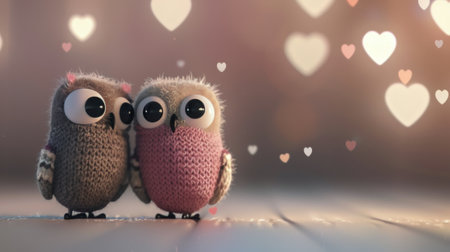 Two adorable knitted owls stand close together, gazing at each other with large, expressive eyes. Soft hearts float around them, creating a warm and romantic atmosphere in a cozy, inviting space.の素材