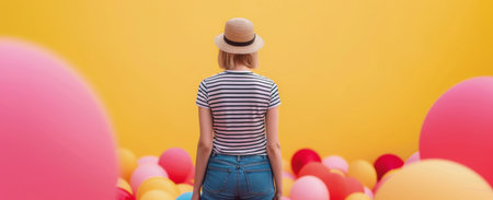 A young woman stands with her back to the camera, wearing a striped shirt and a stylish hat, while surrounded by large pink, red, and yellow balls in front of a bright yellow wall.の素材