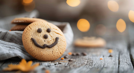 A cheerful cookie with a smiley face sits on a weathered wooden table, surrounded by a warm evening glow as the sun sets in the background, evoking a sense of happiness and comfort.の素材
