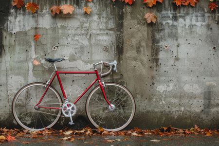 A red bicycle rests on the ground beside a wall adorned with vibrant autumn leaves, showing the seasonal colors of fall against a neutral backdrop.の素材