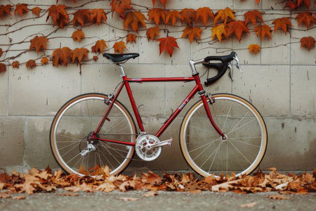 A red bicycle rests on the ground beside a wall adorned with vibrant autumn leaves, showing the seasonal colors of fall against a neutral backdrop.の素材