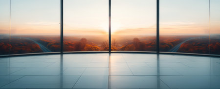 A sleek, modern glass room captures a stunning autumn sunset, with rich orange and red hues reflecting off the glass walls. The expansive view reveals a tranquil landscape and a winding road amidst colorful foliage.の素材