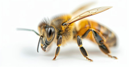 A detailed view of a honey bee displaying its vibrant fuzzy body and delicate wings while resting on a smooth white surface. The insect's intricate features are highlighted in natural light.の素材