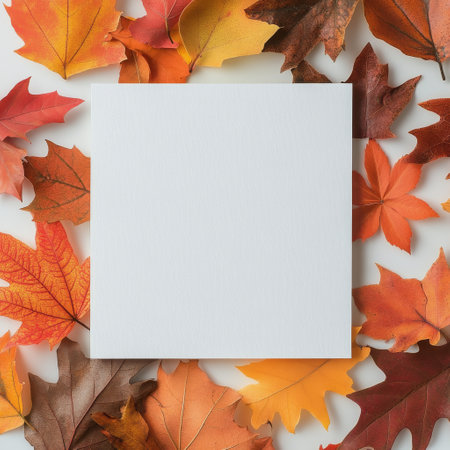 A blank square piece of paper is centered among colorful autumn leaves, showing a mix of reds, oranges, yellows, and whites. The leaves create a visually striking frame for potential art or messages.の素材