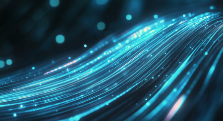 A glowing digital grid extends across a dark background, with bright points of light scattered throughout. The network creates a sense of depth and technological ambiance, evoking a futuristic atmosphere.の素材