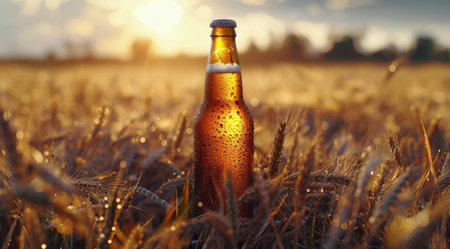 A single bottle of beer stands tall in a field of golden wheat, bathed in the warm light of the setting sun.の素材