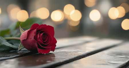 A beautiful red rose lies gently on a rain-soaked park bench, surrounded by soft bokeh lights in the background, capturing the serene atmosphere of the evening.の素材