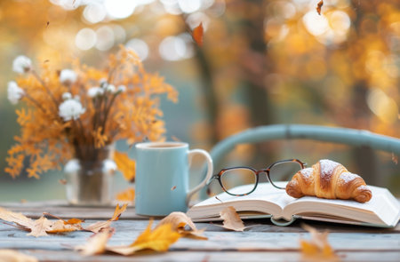 A book, glasses, coffee cup, and croissants rest on a table outdoors, with fall foliage and flowers in the background.の素材