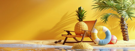 A beach scene with a palm tree, lounge chair, and pineapple, set against a yellow background.の素材