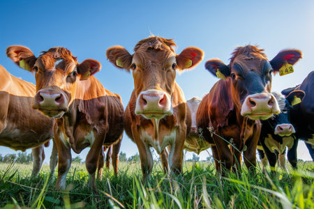 A group of brown and white cows stand in a field of green grass, looking directly at the camera. The sky is blue and cloudy.の素材