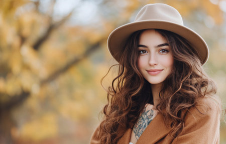 A young woman with curly hair and a brown hat stands confidently in a park filled with autumn colors. She wears a cozy sweater and a textured coat, showcasing a colorful tattoo on her hand.の素材