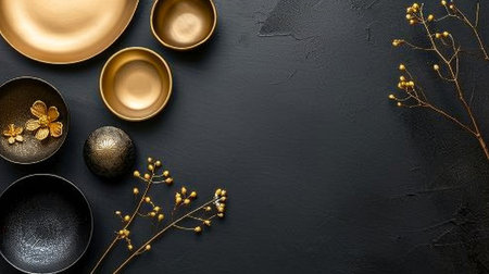 A black surface is adorned with golden leaves, creating a vibrant contrast. The leaves are arranged in a natural, organic pattern, suggesting a sense of autumnal beauty and tranquility.の素材