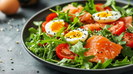 A nutritious salad features fresh arugula topped with slices of salmon, halved cherry tomatoes, and boiled eggs, garnished with sesame seeds, ideal for a light meal or appetizer.の素材