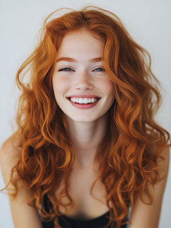 A young woman with vibrant red, wavy hair smiles warmly at the camera in a bright studio space. Her joyful expression and natural beauty create an inviting and cheerful atmosphere that captivates the viewer.の素材