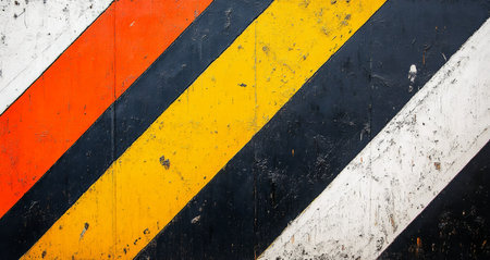 Vibrant diagonal stripes in orange, yellow, white, and black paint overlap on a weathered surface, showing a blend of colors that suggest wear and usage over time, creating an eye-catching visual display.の素材