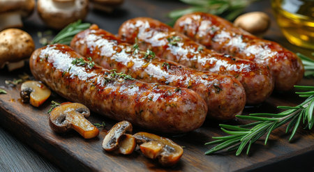 Succulent grilled sausages are arranged neatly on a wooden cutting board, surrounded by fresh mushrooms and sprigs of rosemary. The savory aroma fills the air, inviting a delightful culinary experience.の素材