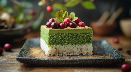 A beautifully layered green tea mousse cake sits on a rustic black slate plate, garnished with fresh berries and mint leaves. The dessert features vibrant green layers and offers a refreshing blend of flavors.の素材