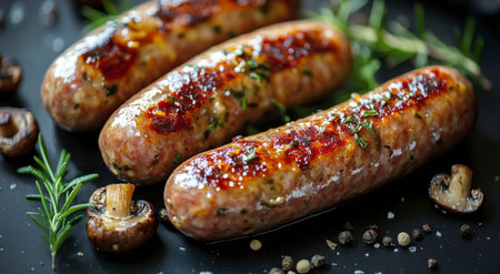 Four perfectly grilled sausages are arranged neatly on a dark surface, surrounded by fresh herbs, highlighting their rich color and texture. The detail in the browning suggests a flavorful, appetizing dish waiting to be enjoyed.の素材