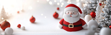 A cheerful Santa Claus figurine stands in a snowy landscape adorned with colorful ornaments and pine trees. Snowflakes fall gently, creating a magical winter atmosphere typical of the holiday season.の素材