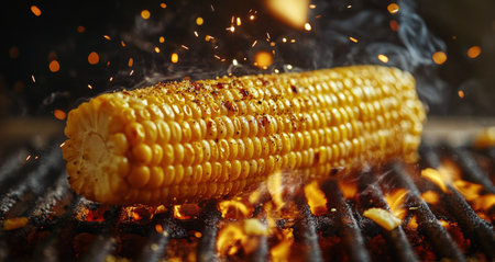 A fresh ear of corn cooks on a grill, releasing fragrant smoke as flames kiss its surface. The kernel's vibrant yellow shines amidst the sparks, promising a delicious treat for any outdoor gathering.の素材