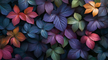 A collection of leaves in vivid shades of purple, blue, orange, and gold forms a captivating display. The leaves overlap beautifully against a dark backdrop, showing the rich colors of autumn and natures artistic palette.の素材