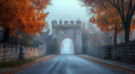 A historic stone archway stands majestically at the entrance to a quaint village. Surrounded by ancient walls, the pathway leads into a foggy atmosphere, creating an enchanting and serene environment at dawn.の素材