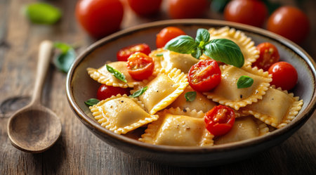 A bowl of ravioli is generously topped with cherry tomatoes and fresh basil. The colorful dish is set on a rustic wooden table, reflecting a warm and inviting atmosphere perfect for a cozy meal.の素材