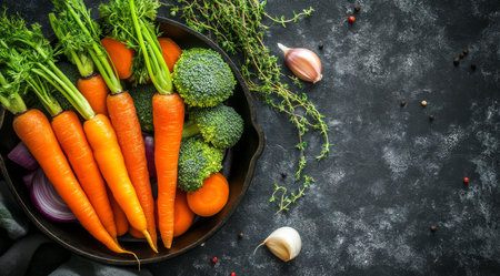 A colorful arrangement of fresh vegetables including carrots, onions, broccoli, and cucumbers, complemented by various herbs and spices. This vibrant display offers a rich selection for healthy meal preparation.の素材