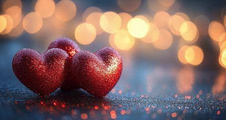 Two red glittering hearts sit closely on a shimmering surface, surrounded by soft, blurred lights that create a warm, romantic atmosphere. The arrangement evokes feelings of love and celebration, perfect for special occasions.の素材