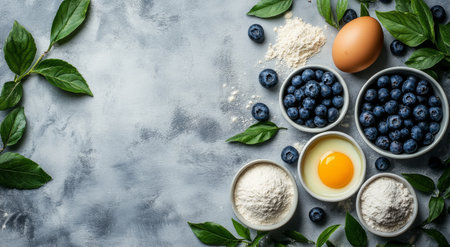 A collection of fresh blueberries is arranged in a bowl alongside eggs and flour on a flat surfaceの素材