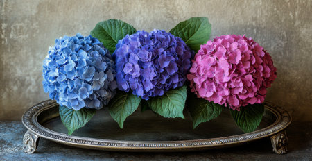 Three vibrant hydrangea blooms in purple, blue, and pink are arranged on an ornate tray against a soft backdrop. Lush green leaves complement the flowers, creating a striking indoor floral display that brightens the space.の素材