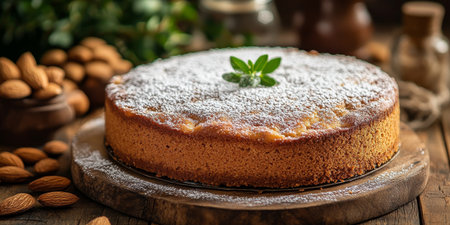A freshly baked almond cake, adorned with slivered almonds and a dusting of powdered sugar, rests on a wooden platter. Surrounding it are raw almonds and jars of jam, creating a cozy dessert setting.の素材