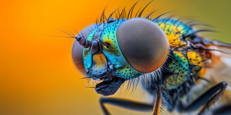 A vibrant fly with striking blue and yellow colors is captured up close, highlighting the fascinating texture of its large eyes and detailed features, set against a dark background.の素材
