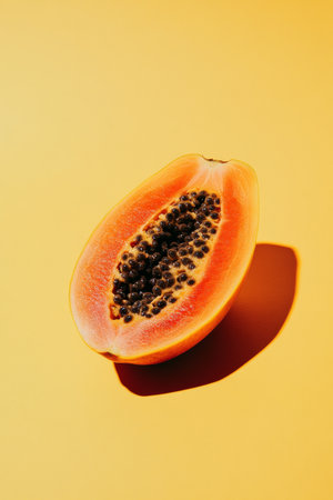 A halved papaya showcases its bright orange flesh and numerous small black seeds, set on a vivid yellow background, highlighting the fruit's natural appeal and texture.の素材