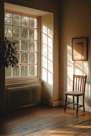 A warm and inviting bedroom featuring a wooden bed with white bedding, bright natural light streaming through large windows, and beautiful hardwood floors that enhance the peaceful atmosphere.の素材