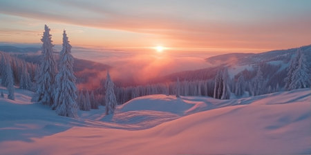 A breathtaking winter morning with the sun rising over snow-covered trees and misty valleys, illuminating the serene landscape in soft hues. The tranquility of nature enhances the picturesque view.の素材