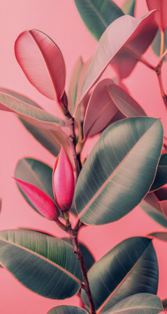 Vibrant leaves and blossoming buds are depicted against a soft pink backdrop, showing the beauty of springtime flora. The contrast enhances the details of the foliage and flowers.の素材
