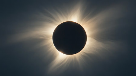 A total solar eclipse occurs as the moon completely covers the sun, casting a shadow and revealing a glowing halo. The phenomenon creates a breathtaking visual spectacle in the sky.の素材