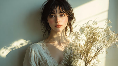 A young woman stands gracefully with a bouquet of white flowers, bathed in soft, natural light. The tranquil setting highlights her delicate features and the intricate details of her attire.の素材