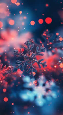Bright snowflakes gently fall against a backdrop of blurred, colorful lights, evoking a magical winter wonderland filled with holiday cheer and beauty.の素材