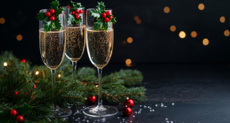 Three elegant champagne flutes filled with bubbly drink are decorated with holly and berries, surrounded by Christmas greenery and festive ornaments, conveying a cheerful holiday spirit.の素材